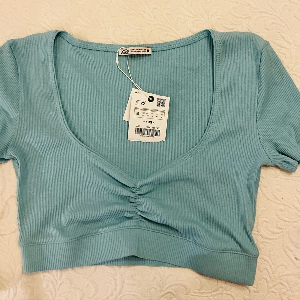 Zara Light Blue Ribbed Crop Top
